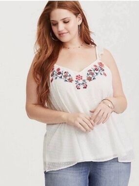 423-Torrid White Floral Embroidered Swiss Clip Dot Ruffle Strap Tank Top BNWT